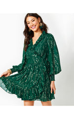 Birdy Long Sleeve Silk Wrap Dress - Evergreen Fish Clip Chiffon