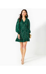 Birdy Long Sleeve Silk Wrap Dress - Evergreen Fish Clip Chiffon
