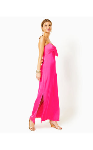 
            
                Load image into Gallery viewer, Carlynn Satin Maxi Bow Dress - Pink Palms
            
        