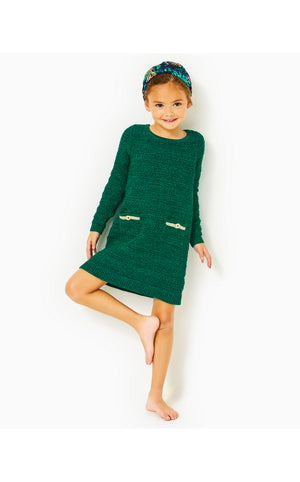 Girls Mini Lolo Straight Fit Sweater Dress  - Evergreen - Metallic Tweed