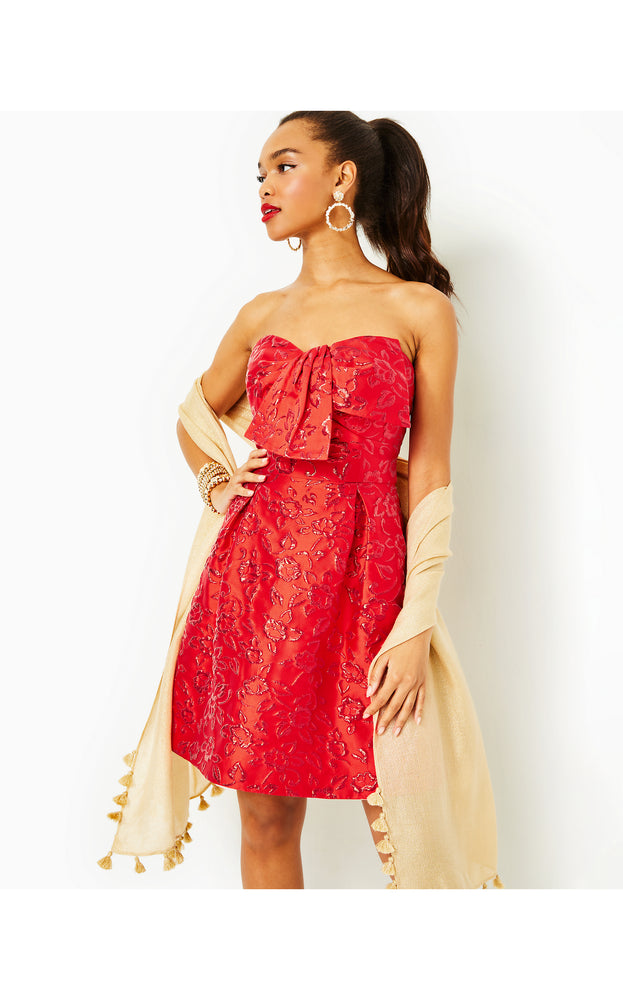 Kataleya Strapless Jacquard Dress - Amaryllis Red - Puff Floral Brocade