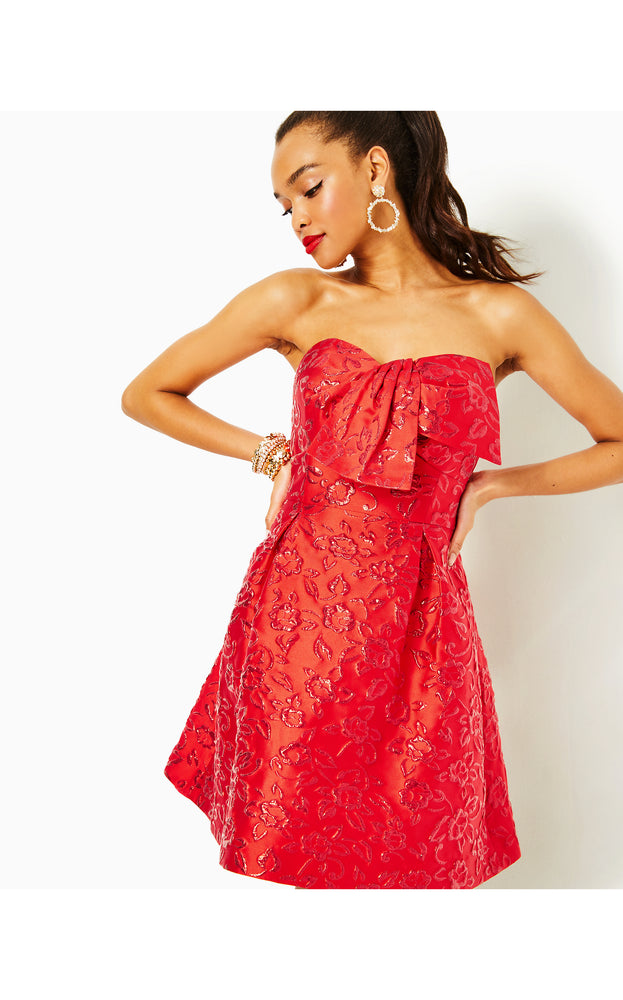 Kataleya Strapless Jacquard Dress - Amaryllis Red - Puff Floral Brocade