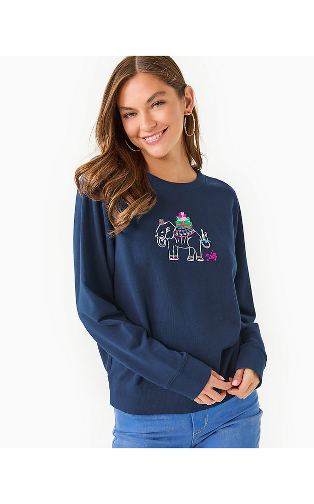 Ballad Cotton Sweatshirt - Low Tide Navy Holiday Elephant Embroidery