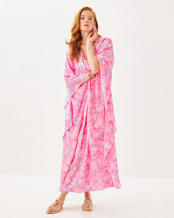 Mindy Beaded Silk Maxi Caftan - Rousseau Pink Zen Garden