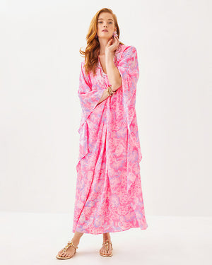 Mindy Beaded Silk Maxi Caftan - Rousseau Pink Zen Garden