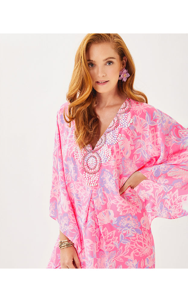 Mindy Beaded Silk Maxi Caftan - Rousseau Pink Zen Garden