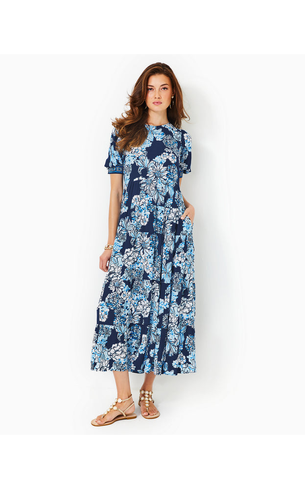 
            
                Load image into Gallery viewer, Ameilia Elbow Sleeve Midi Dress - Low Tide Navy - Bouquet All Day Engineered Woven Dress
            
        
