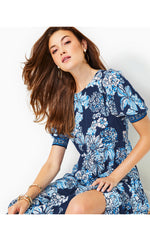 Ameilia Elbow Sleeve Midi Dress - Low Tide Navy - Bouquet All Day Engineered Woven Dress