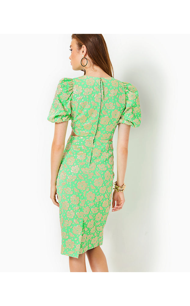 Melina Jacquard Midi Dress - Spearmint Palm Beach Petals Brocade