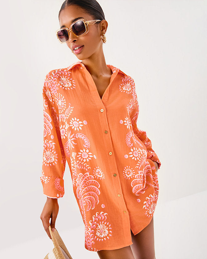 Kwitney Long Sleeve Cotton Cover-Up - Papaya Breezy Palm Engineered