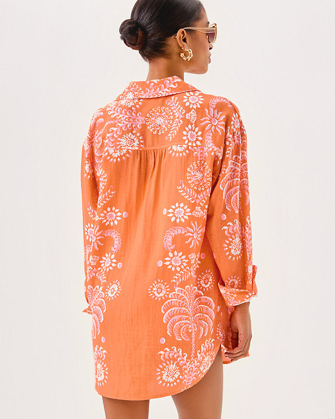Kwitney Long Sleeve Cotton Cover-Up - Papaya Breezy Palm Engineered