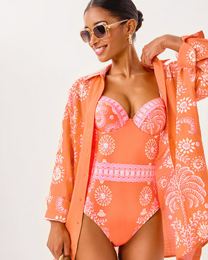 Kwitney Long Sleeve Cotton Cover-Up - Papaya Breezy Palm Engineered