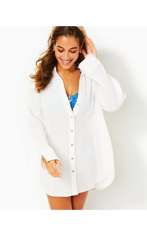 
            
                Load image into Gallery viewer, Kwitney Long Sleeve Cotton Cover-Up - Resort White
            
        