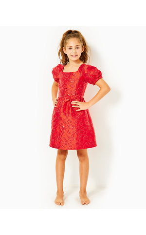 Girls Alannah Dress - Amaryllis Red - Puff Floral Brocade