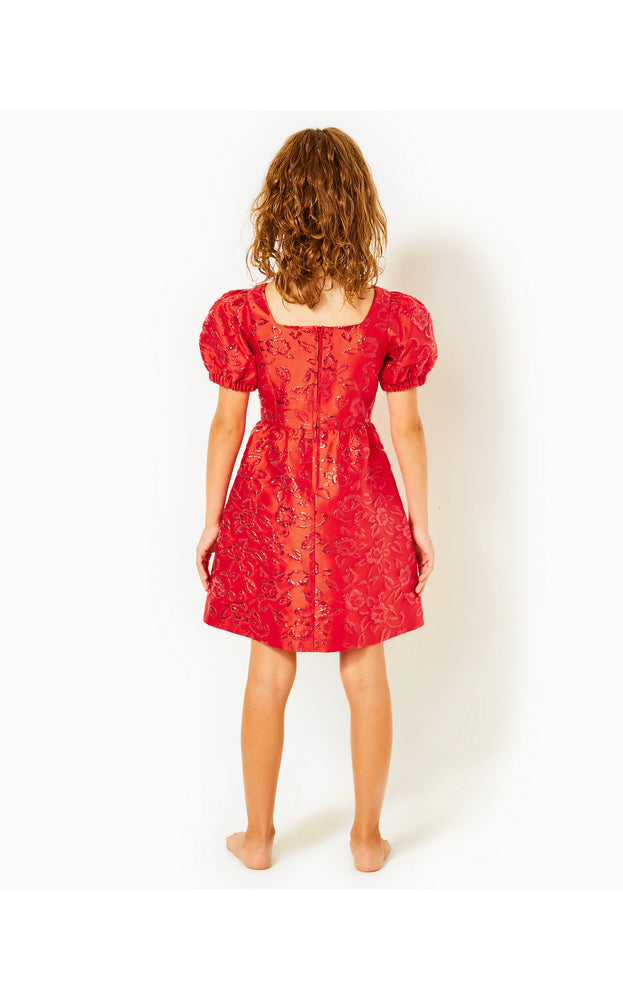 Girls Alannah Dress - Amaryllis Red - Puff Floral Brocade