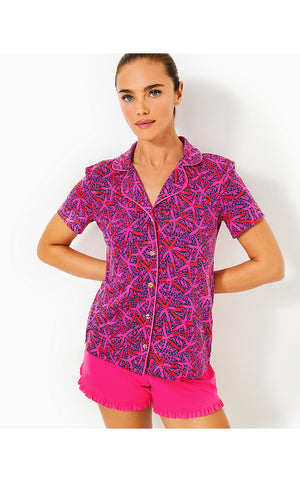 Pajama Button-Up Top - Passion Fruit Pink Star Searching