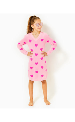 Girls Mini Keane Sweater Dress - Peony Pink - Heart Jacquard Childrens