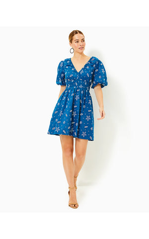 Kilynn Short Sleeve Eyelet Dress - Barton Blue - Shell Collector Embroidery