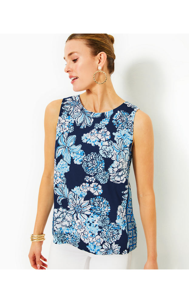 
            
                Load image into Gallery viewer, Iona Sleeveless Top - Low Tide Navy - Bouquet All Day Engineered Woven Top
            
        