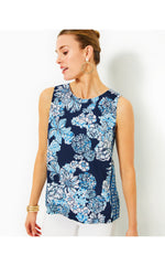 Iona Sleeveless Top - Low Tide Navy - Bouquet All Day Engineered Woven Top