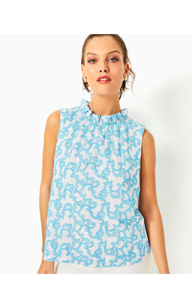 Dahliana Embroidered Top - Lunar Blue - Flamingle Embroidered Cotton