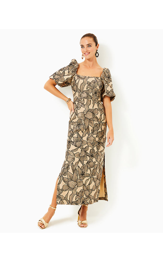 Linora Maxi Dress - Wicker Tan Embroidered Sequin Exploded