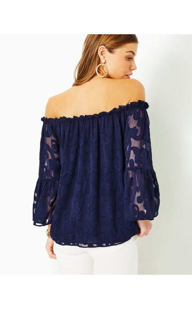 
            
                Load image into Gallery viewer, Nevie Off-The-Shoulder Top - True Navy - Poly Crepe Swirl Clip
            
        