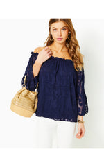 Nevie Off-The-Shoulder Top - True Navy - Poly Crepe Swirl Clip