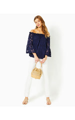 Nevie Off-The-Shoulder Top - True Navy - Poly Crepe Swirl Clip