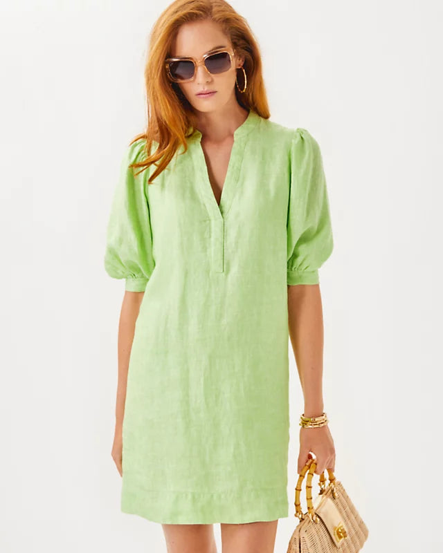 Mialeigh Linen Dress - Jade Lime X Resort White