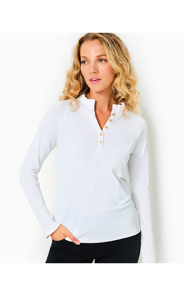 UPF 50+ Luxletic Frida Scallop Long Sleeve Polo - Resort White