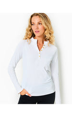 UPF 50+ Luxletic Frida Scallop Long Sleeve Polo - Resort White