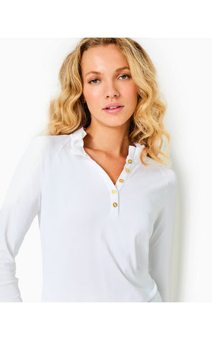 UPF 50+ Luxletic Frida Scallop Long Sleeve Polo - Resort White