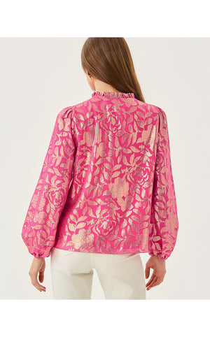 Giana Long Sleeve Silk Top - Sun Shell Pink Floral Bloom Silk Clip