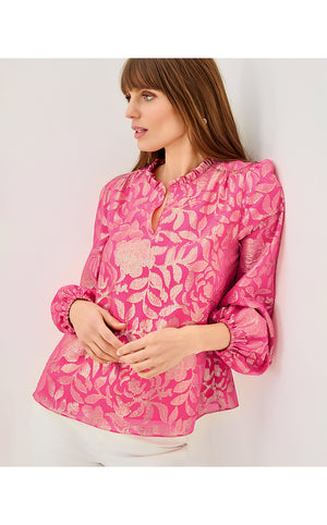 Giana Long Sleeve Silk Top - Sun Shell Pink Floral Bloom Silk Clip