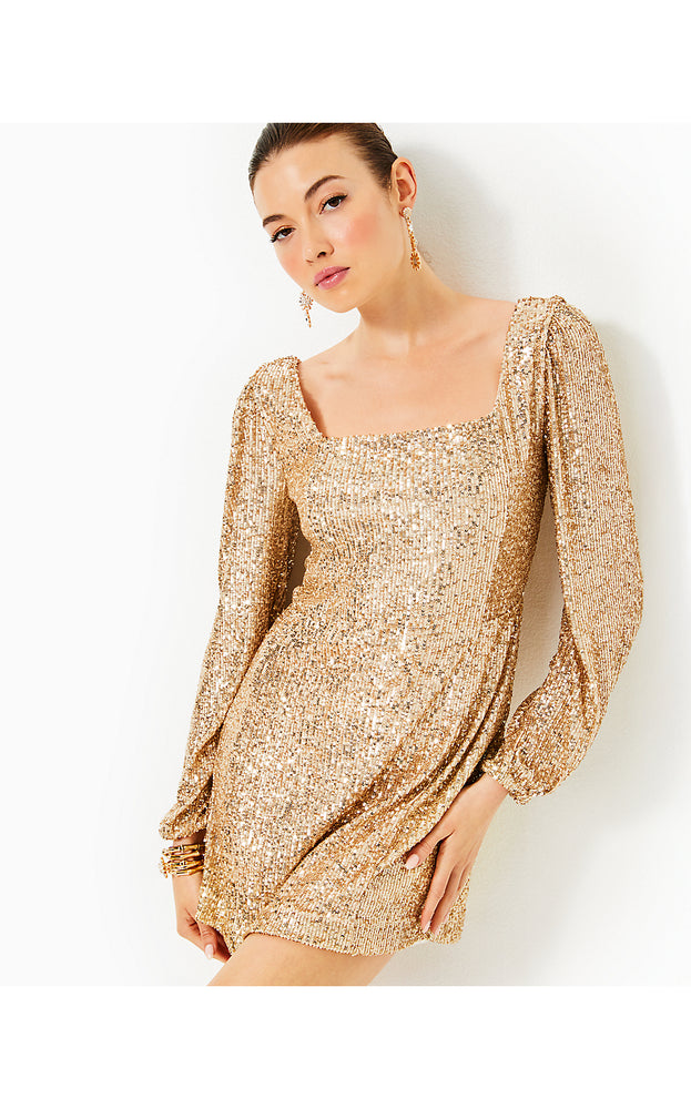 Zelda Skirted Romper - Gold Metallic Treasure Box Sequin Knit