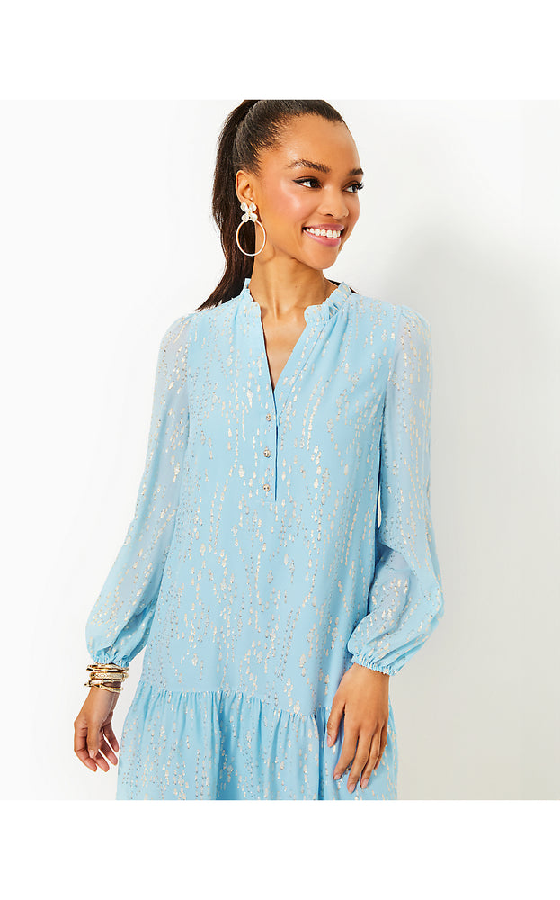 Evaline Silk Dress - Bonaire Blue Fish Clip Chiffon