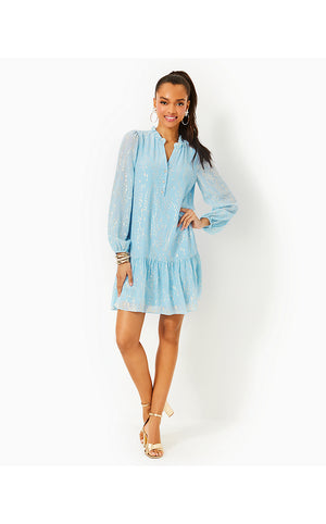 Evaline Silk Dress - Bonaire Blue Fish Clip Chiffon