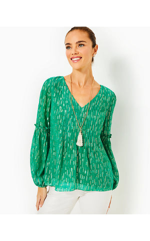 Cleme Long Sleeve Top - Fiddle Leaf Green Mystical Viscose Metallic Clip