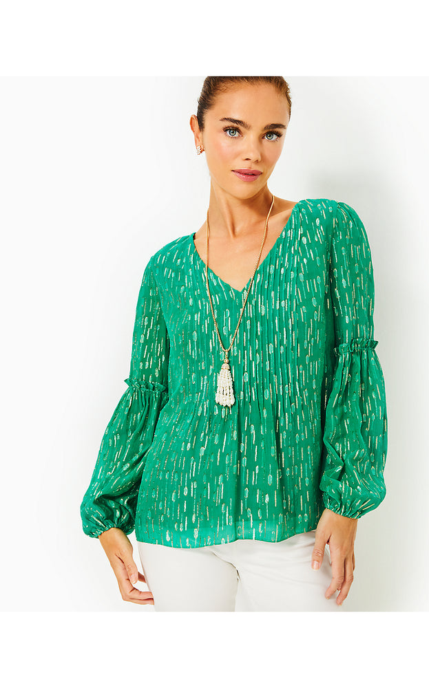 Cleme Long Sleeve Top - Fiddle Leaf Green Mystical Viscose Metallic Clip