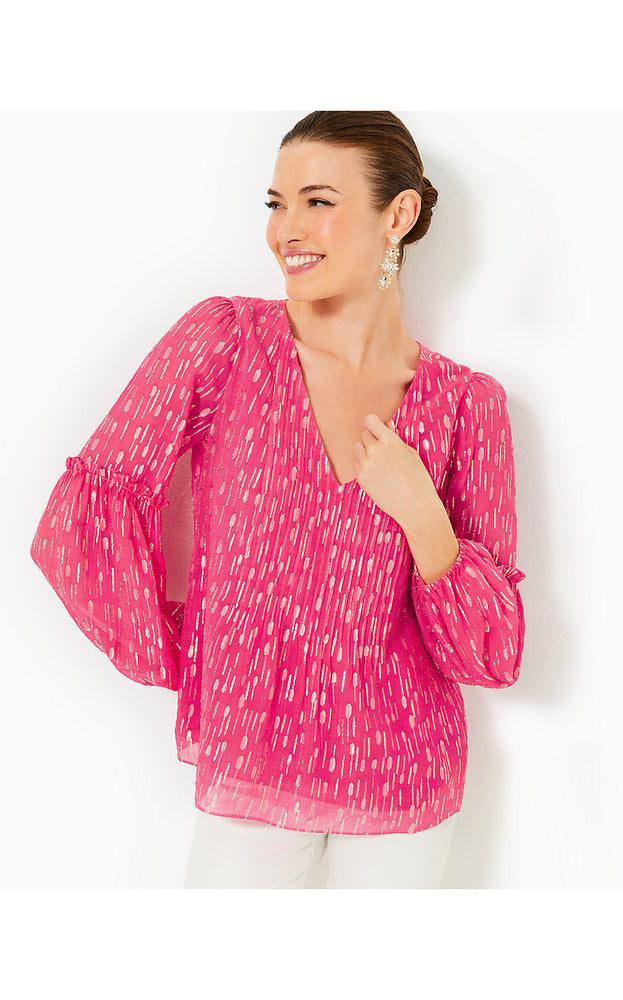 Cleme Long Sleeve Top - Passion Fruit Pink Mystical Viscose Metallic Clip