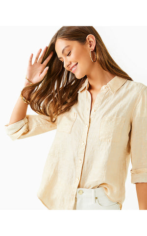 Sea View Metallic Button Down Top - Gold Foiled Sandbar X Resort White