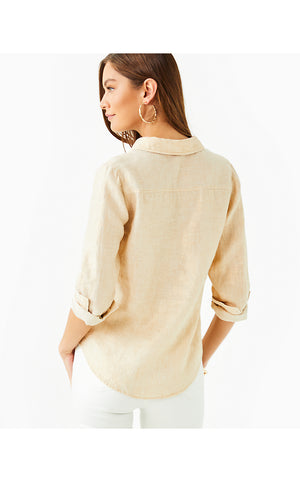 Sea View Metallic Button Down Top - Gold Foiled Sandbar X Resort White