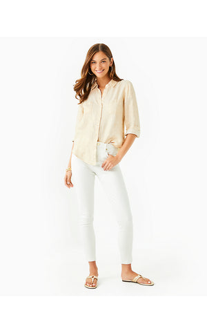 Sea View Metallic Button Down Top - Gold Foiled Sandbar X Resort White