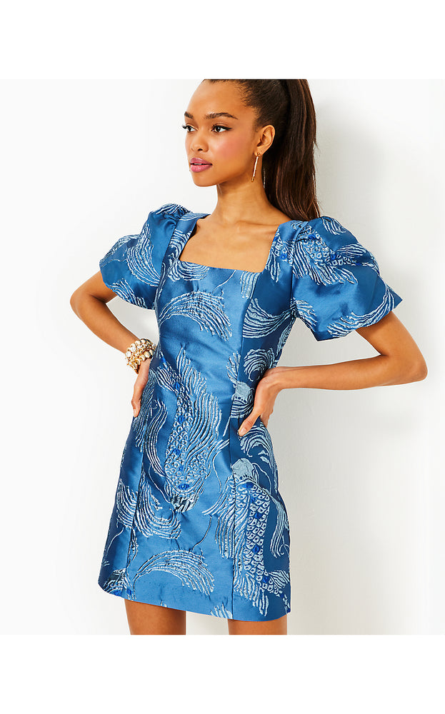 Booker Skirted Romper - Low Tide Navy Dancing Koi Metallic Jacquard