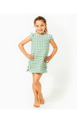 Girls Little Lilly Short Sleeve Shift Dress - Fiddle Leaf Green Windowpane Boucle