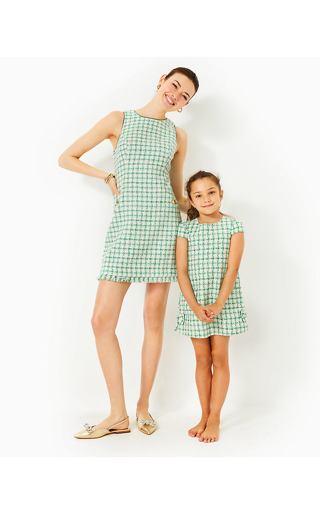 Girls Little Lilly Short Sleeve Shift Dress - Fiddle Leaf Green Windowpane Boucle