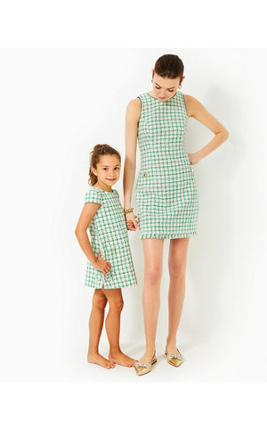 Girls Little Lilly Short Sleeve Shift Dress - Fiddle Leaf Green Windowpane Boucle