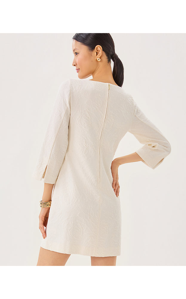 Annwyn 3/4 Sleeve Shift Dress - Coconut Rose Knit Pucker Jacquard