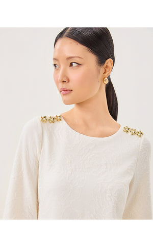Annwyn 3/4 Sleeve Shift Dress - Coconut Rose Knit Pucker Jacquard